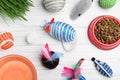 Flat lay composition with different pet toys and feeding bowls on white wooden background Royalty Free Stock Photo