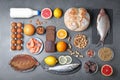 Flat lay composition with different on dark grey background. Food allergy concept