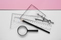 Flat lay composition with different rulers, pencil and compass on color background Royalty Free Stock Photo