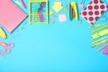 Flat lay composition with different school stationery color background Royalty Free Stock Photo