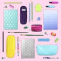 Flat lay composition with different school stationery on light pink background Royalty Free Stock Photo