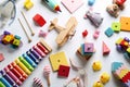 Flat lay composition with different toys on white background Royalty Free Stock Photo