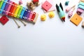 Flat lay composition with different toys on white background. Space for text Royalty Free Stock Photo