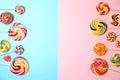 Flat lay composition with different yummy candies and space for text Royalty Free Stock Photo