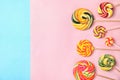 Flat lay composition with different yummy candies and space for text Royalty Free Stock Photo