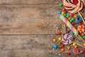 Flat lay composition with different yummy candies and space for text Royalty Free Stock Photo