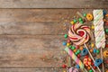 Flat lay composition with different yummy candies and space for text Royalty Free Stock Photo