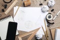 Flat lay composition with drawing of geometry shapes on table. Designer`s workplace