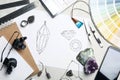 Flat lay composition with drawing of jewelry on grey table. Designer`s workplace Royalty Free Stock Photo