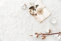 Flat lay composition with dry flowers, cotton Royalty Free Stock Photo