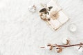 Flat lay composition with dry flowers, cotton and old letters. Royalty Free Stock Photo