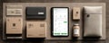 Flat lay composition of e-commerce packaging and digital tablet Royalty Free Stock Photo