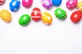 Flat lay composition with Easter eggs on color background. Frame made of decorated eggs. Top view with place for tex Royalty Free Stock Photo