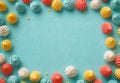 A flat lay composition of Easter eggs on a pastel blue surface, photographed from above with copy space Royalty Free Stock Photo