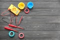 Flat lay composition with electrical tools on wooden background Royalty Free Stock Photo