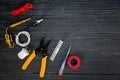Flat lay composition with electrical tools on wooden background Royalty Free Stock Photo