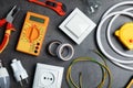 Flat lay composition with electrician`s tools Royalty Free Stock Photo