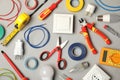 Flat lay composition with electrician`s tools Royalty Free Stock Photo