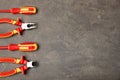 Flat lay composition with electrician`s tools and space for text Royalty Free Stock Photo