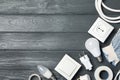 Flat lay composition with electrician`s tools and space for text Royalty Free Stock Photo