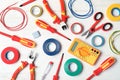 Flat lay composition with electrician`s tools Royalty Free Stock Photo