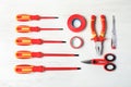 Flat lay composition with electrician`s tools Royalty Free Stock Photo