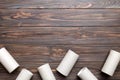 Flat lay composition with empty toilet paper rolls and space for text on color background. Recyclable paper tube with Royalty Free Stock Photo