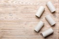 Flat lay composition with empty toilet paper rolls and space for text on color background. Recyclable paper tube with Royalty Free Stock Photo