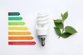 Flat lay composition with energy efficiency rating chart, fluorescent light bulb and leaves on white Royalty Free Stock Photo