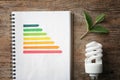 Flat lay composition with energy efficiency rating chart and fluorescent light bulb on background