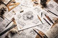 Flat-Lay of Industrial Design Schematics, Pencils, and Drafting Tools Royalty Free Stock Photo