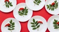 Top View of White Plates with Rowan Berries and Leaves on Red Background Royalty Free Stock Photo