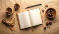 Autumnal Still Life with Open Notebook and Natural Elements Royalty Free Stock Photo