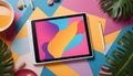 A flat lay composition featuring a tablet with a vibrant abstract background on its screen, surrounded by colorful paper Royalty Free Stock Photo