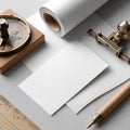 Vintage Explorer Mockup: Compass, Blueprint Paper, and Drafting Tools Royalty Free Stock Photo