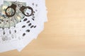 Flat lay composition with fingerprints, cash and handcuffs on wooden background Royalty Free Stock Photo