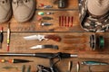 Flat lay composition with fishing equipment