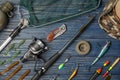 Flat lay composition with fishing equipment