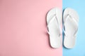Flat lay composition with flip flops on background, space for text. Beach objects Royalty Free Stock Photo