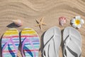 Flat lay composition with flip flops. Beach accessories for summer vacation Royalty Free Stock Photo