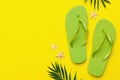 Flat lay composition with flip flops and seashell on colored background. Space for text top view Royalty Free Stock Photo