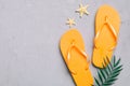 Flat lay composition with flip flops and seashell on colored background. Space for text top view Royalty Free Stock Photo