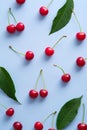 Flat lay composition with fresh cherries and green leaves on blue background Royalty Free Stock Photo