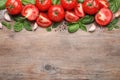 Flat lay composition with fresh green basil leaves on wooden table, space for text Royalty Free Stock Photo