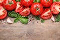 Flat lay composition with fresh green basil leaves on wooden table, space for text Royalty Free Stock Photo