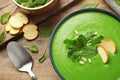 Flat lay composition with fresh green healthy spinach soup Royalty Free Stock Photo