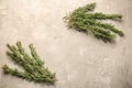 Flat lay composition with fresh green rosemary on grey textured background Royalty Free Stock Photo