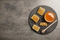 Flat lay composition with fresh honey Royalty Free Stock Photo