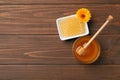 Flat lay composition with fresh honey Royalty Free Stock Photo