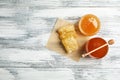 Flat lay composition with fresh honey Royalty Free Stock Photo